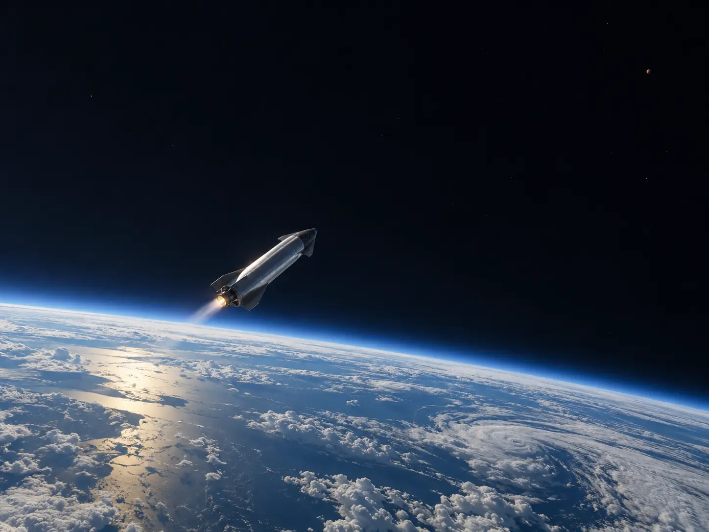 Science-fiction illustration of Starship above Earth, pointing into deep space.