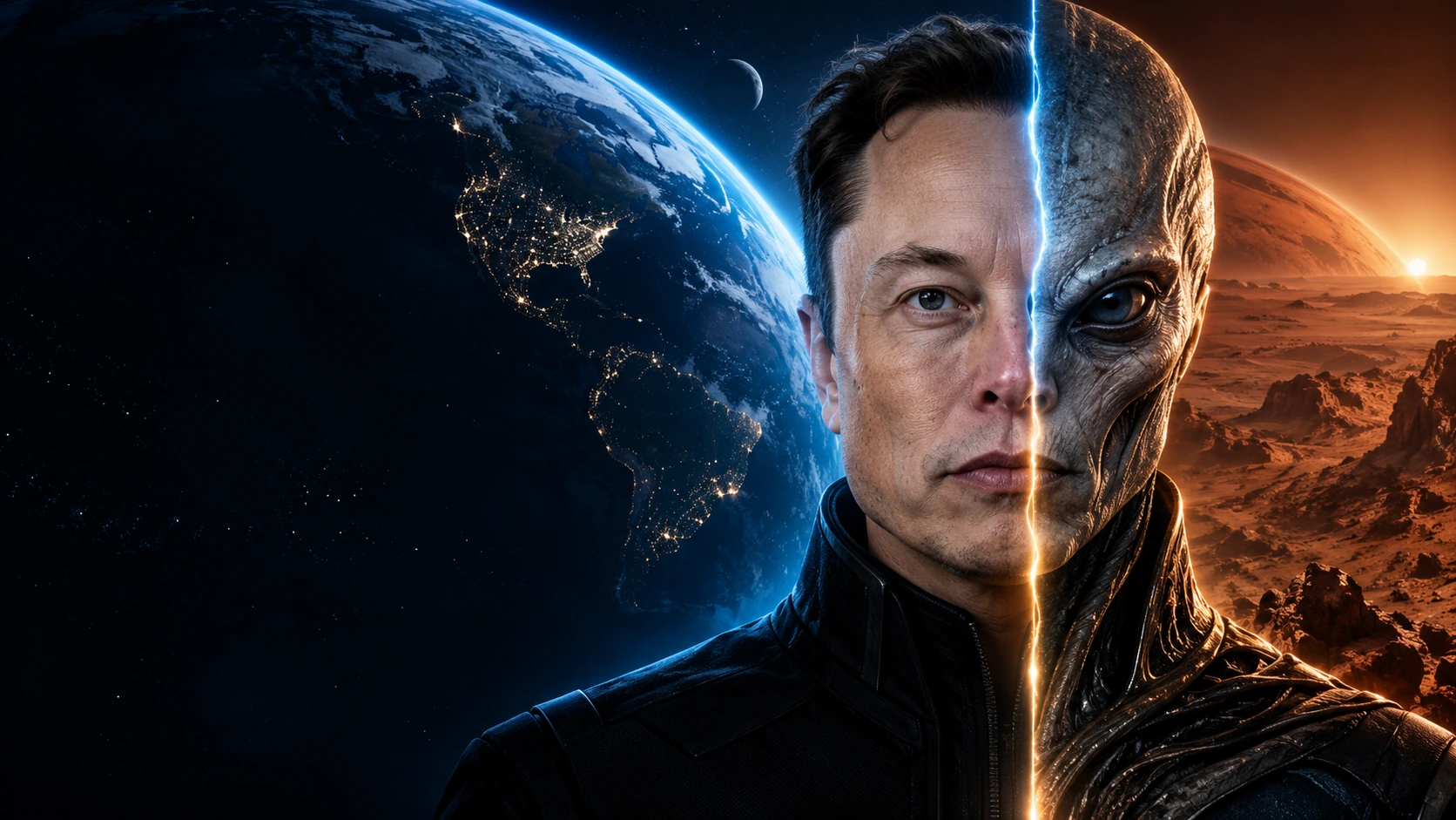 Science-fiction portrait: X, half human and half alien, between Earth and Mars.