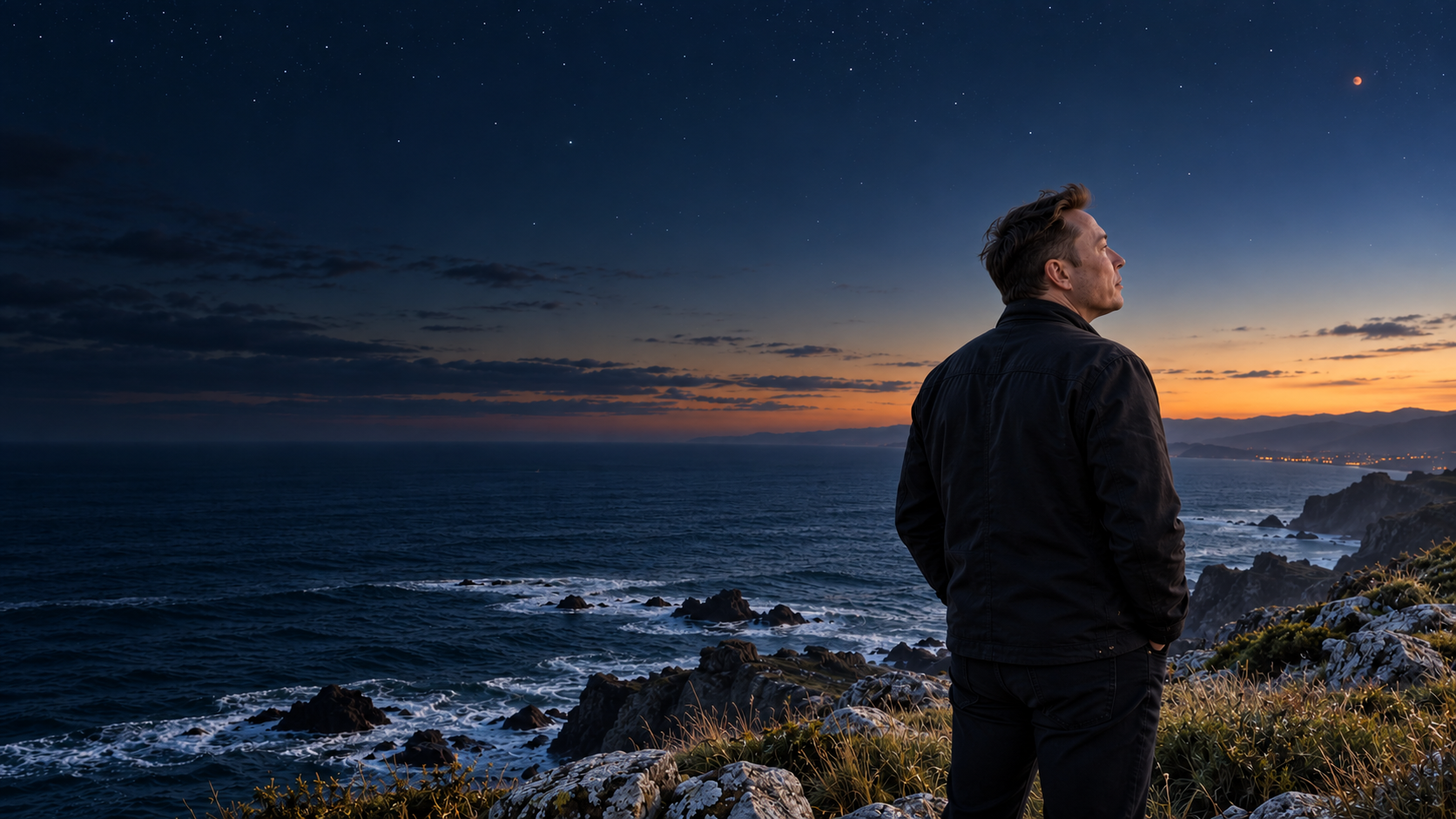 Science-fiction scene of X looking toward a distant horizon, contemplating the journey home.