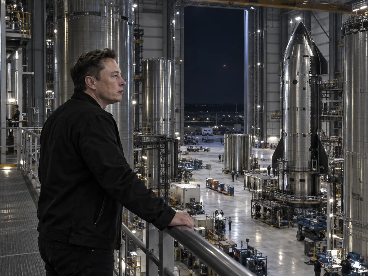 Science-fiction scene of X standing in a vast industrial facility, surrounded by the machinery of a return journey.